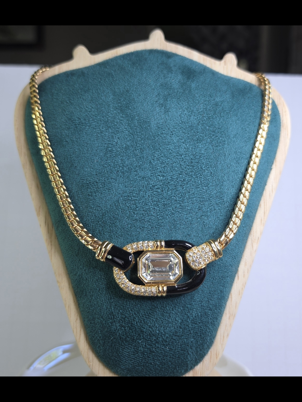 Swarovski Vintage 70's Black Enamel Statement Necklace with Clear Crystal Center